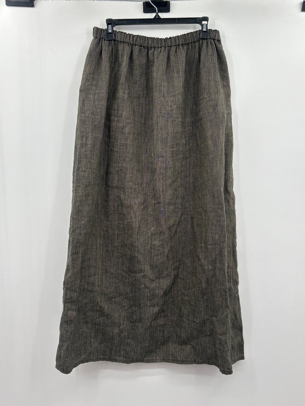 Pure Linen Lagenlook Maxi Skirt USA Made Pinstripe Elastic Waist Pockets Size L